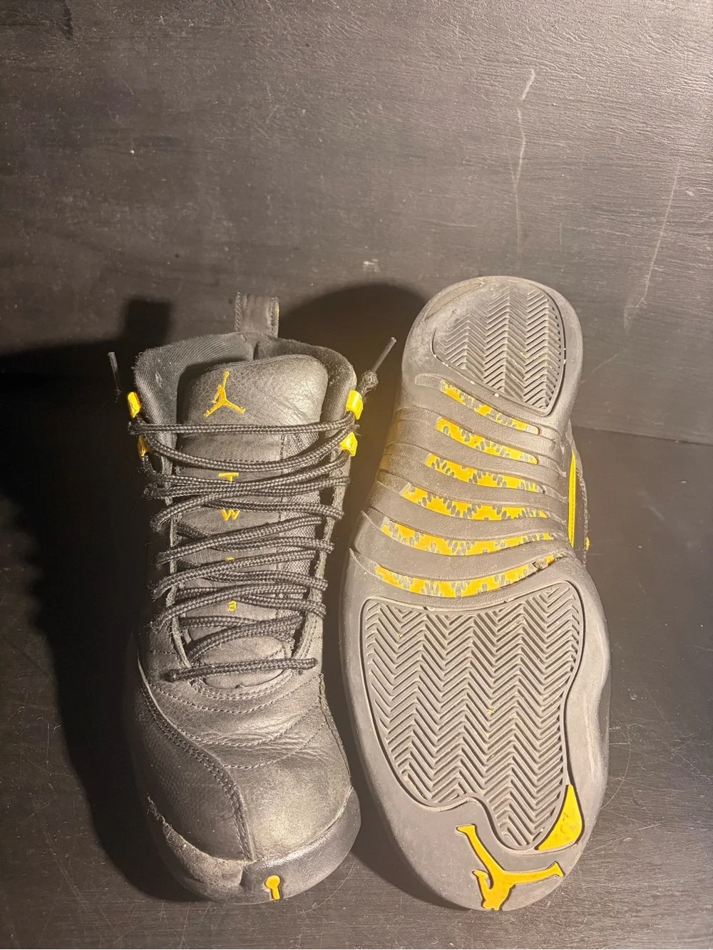 Men's Jordan 12 Black and Yellow High-Top Basketball Sneakers